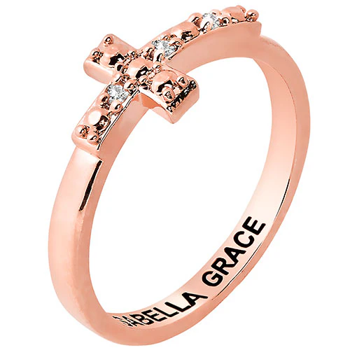 14K Rose Gold Plated Engraved Diamond Accent Cross Ring - Image 2