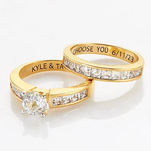 14K Gold over Sterling Brilliant White Topaz 2 Piece Engraved Wedding Set - Image 4