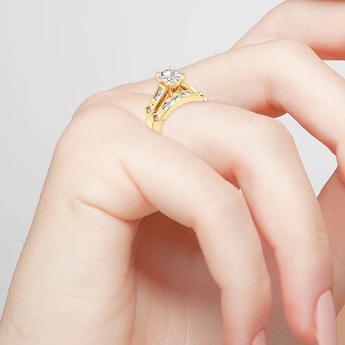 14K Gold over Sterling Brilliant White Topaz 2 Piece Engraved Wedding Set - Image 3