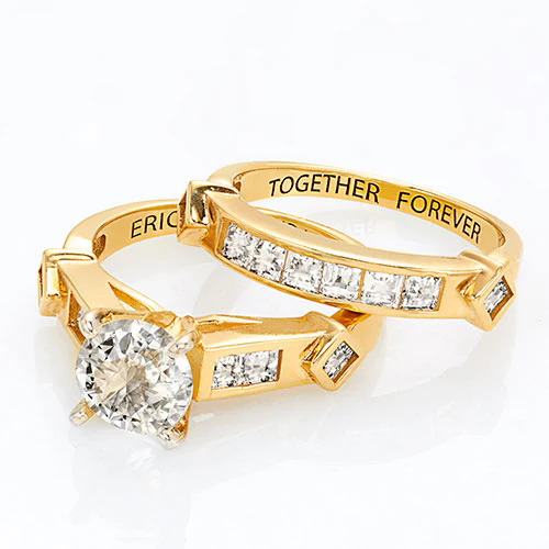 14K Gold over Sterling Brilliant White Topaz 2 Piece Engraved Wedding Set - Image 4
