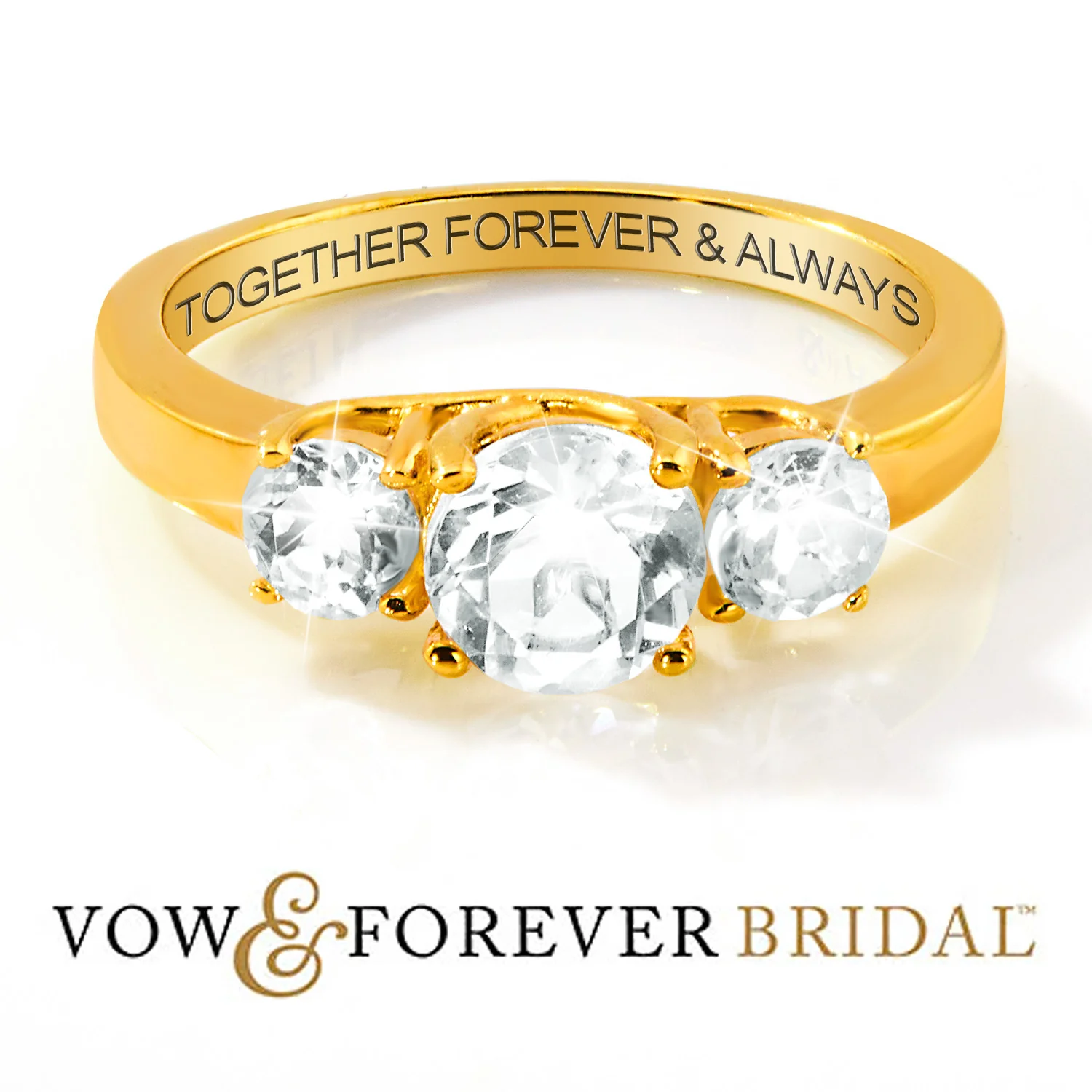 14K Gold over Sterling Brilliant White Topaz Three Stone Engraved Wedding Ring - Image 3