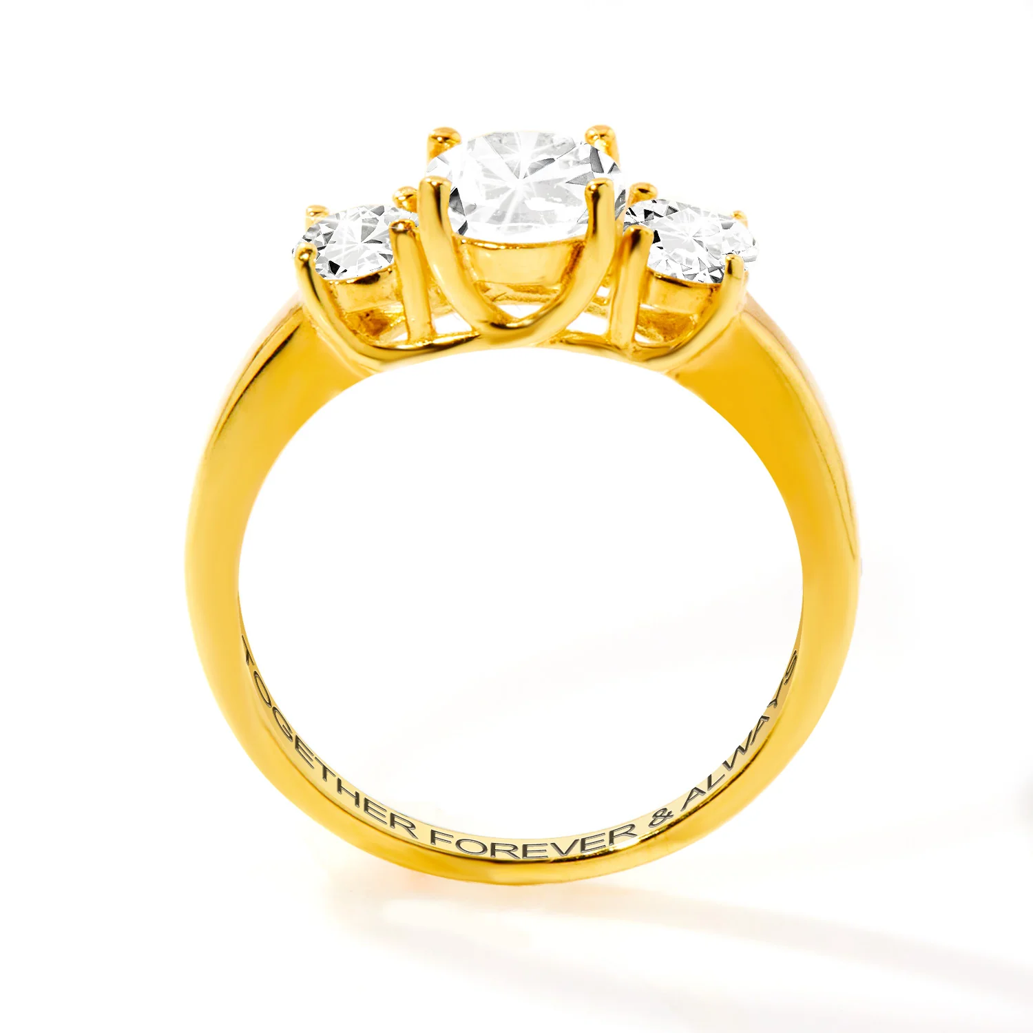 14K Gold over Sterling Brilliant White Topaz Three Stone Engraved Wedding Ring - Image 5