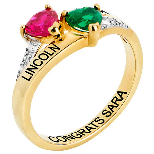 14K Gold over Sterling Double Birthstone Heart Diamond Accent Class Ring - Image 2