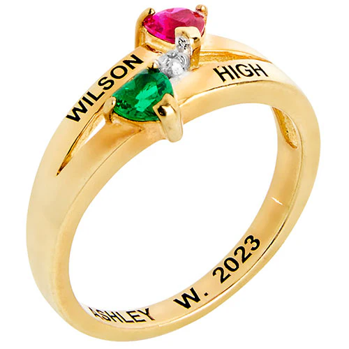 14K Gold over Sterling Double Birthstone Heart Diamond Accent Class Ring - Image 2