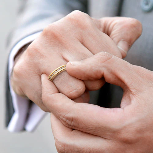 14K Gold over Sterling Engraved White Topaz Wedding Band - Image 3