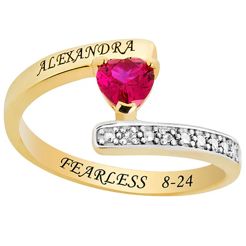 14K Gold over Sterling Heart Birthstone Bypass Diamond Accent Class Ring