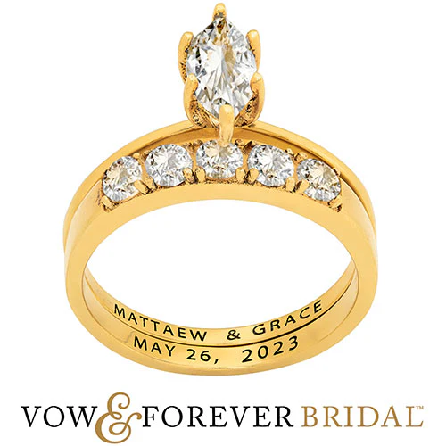 14K Gold over Sterling Marquise White Topaz 2-Piece Engraved Wedding Ring Set