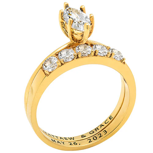 14K Gold over Sterling Marquise White Topaz 2-Piece Engraved Wedding Ring Set - Image 2