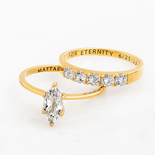 14K Gold over Sterling Marquise White Topaz 2-Piece Engraved Wedding Ring Set - Image 4