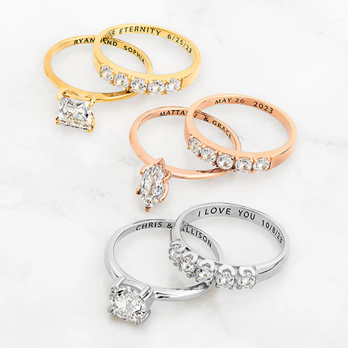 14K Gold over Sterling Marquise White Topaz 2-Piece Engraved Wedding Ring Set - Image 5