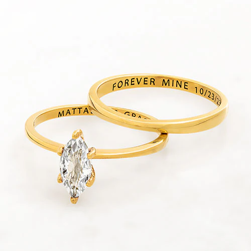 14K Gold over Sterling Marquise White Topaz 2-Piece Engraved Wedding Ring Set - Image 4