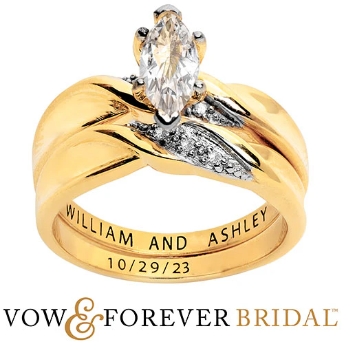 14K Gold over Sterling Marquise White Topaz Diamond Accent 2-Piece Engraved Wedding Ring Set