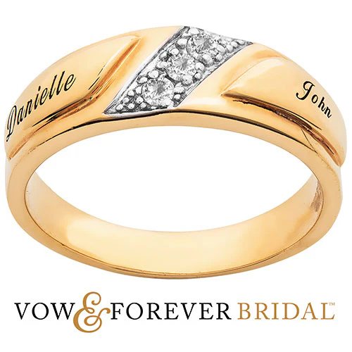 14K Gold over Sterling Men's White Topaz Engraved Wedding Band