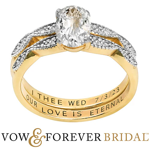 14K Gold over Sterling Oval White Topaz Diamond Accent 2-Piece Engraved Wedding Ring Set - Image 2
