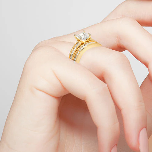 14K Gold over Sterling Square White Topaz 2 Piece Engraved Wedding Set - Image 3