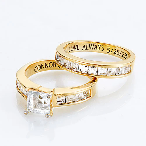 14K Gold over Sterling Square White Topaz 2 Piece Engraved Wedding Set - Image 4