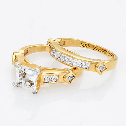14K Gold over Sterling Square White Topaz 2 Piece Engraved Wedding Set - Image 4