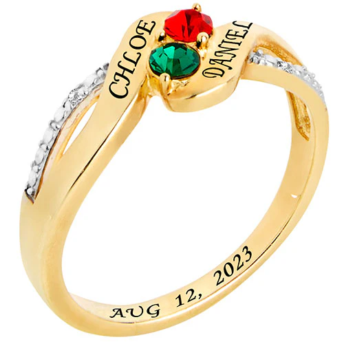14K Gold Plated Couple's Birthstone Bypass Diamond Accent Ring - Image 2