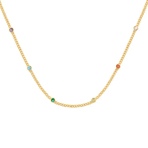 14K Gold Plated Curb Chain with Birthstone Stations Necklace - 2 to 6 stones