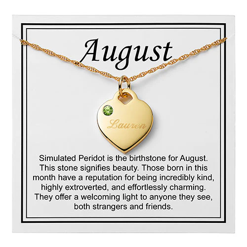14K Gold Plated Engraved August Birthstone Heart Necklace
