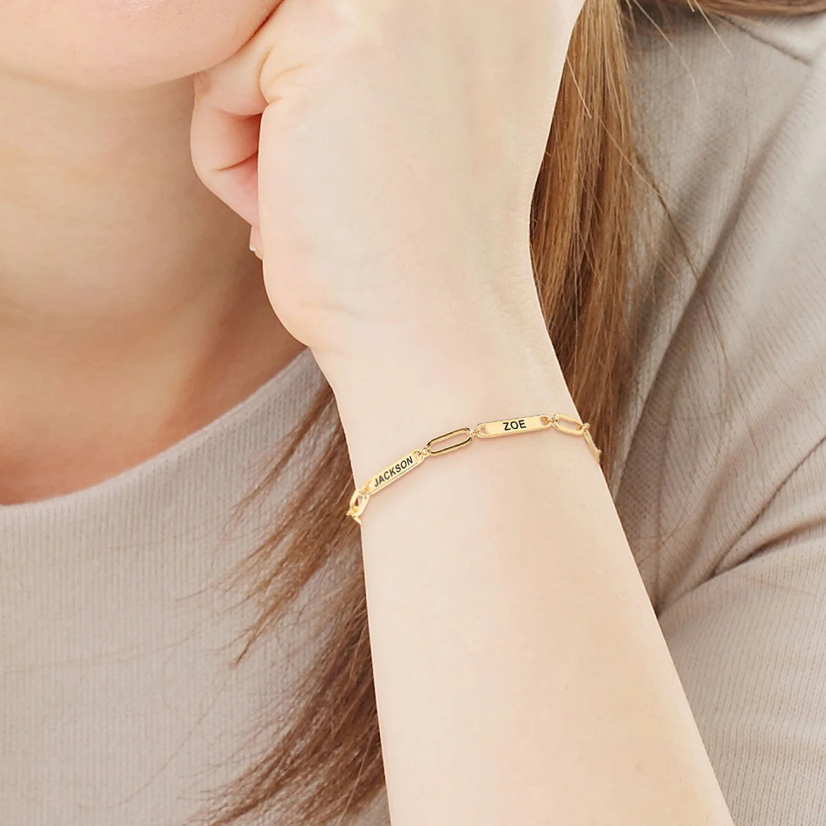 14K Gold Plated Engraved Paperclip Station Bracelet - Image 4