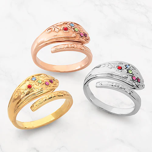 14K Gold Plated Family Birthstone Bypass Spoon Ring - Image 4