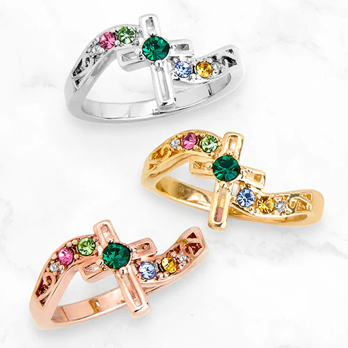 14K Gold Plated Family Birthstone Diamond Accent Cross Ring - Image 2