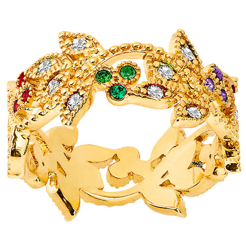 14K Gold Plated Family Birthstone with Clear Leaves Band Ring