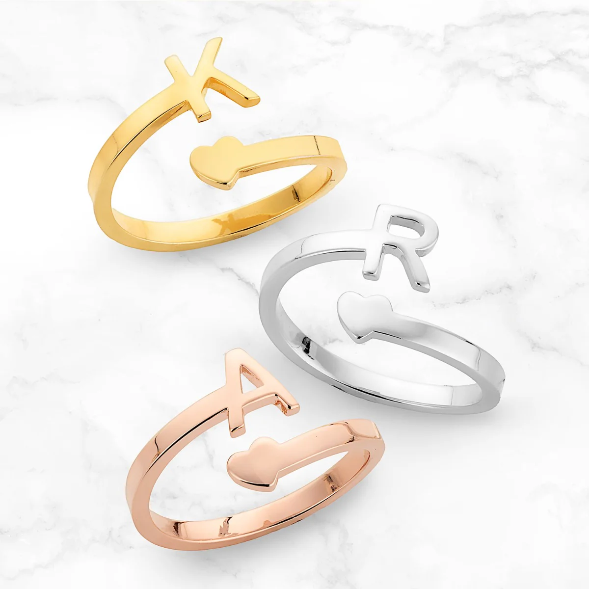 14K Gold Plated Initial and Heart Bypass Ring - Image 3