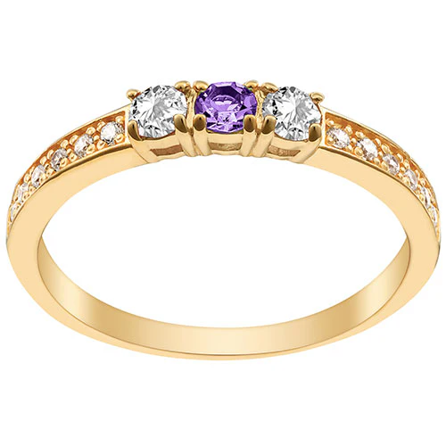 14K Gold Plated Simulated Amethyst and Clear Crystal 3-Stone Ring