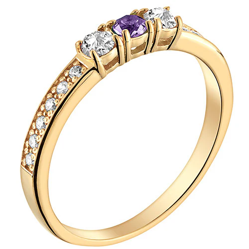 14K Gold Plated Simulated Amethyst and Clear Crystal 3-Stone Ring - Image 2
