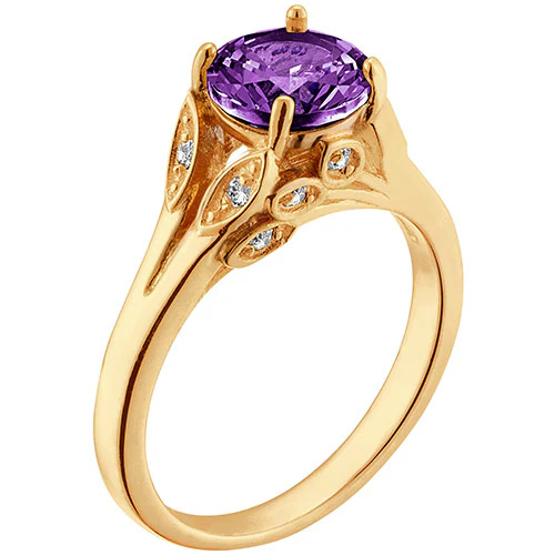 14K Gold Plated Simulated Amethyst with Clear Crystal Leaves Ring - Image 2