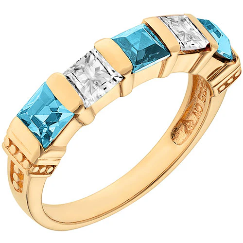 14K Gold Plated Simulated Blue Topaz and Clear Crystal 5 Stone Ring - Image 2