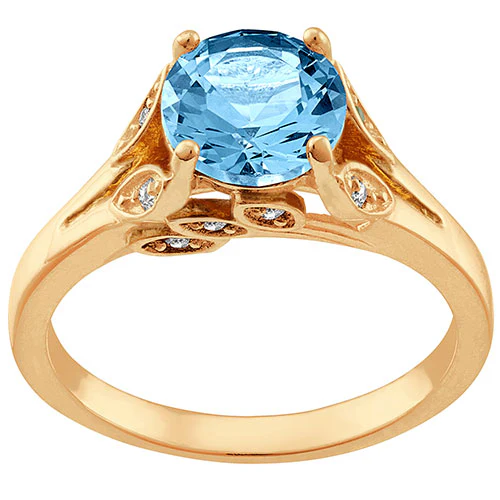 14K Gold Plated Simulated Blue Topaz with Clear Crystal Leaves Ring