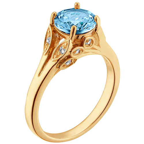 14K Gold Plated Simulated Blue Topaz with Clear Crystal Leaves Ring - Image 2