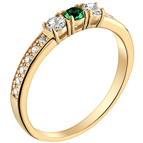 14K Gold Plated Simulated Emerald and Clear Crystal 3-Stone Ring - Image 2