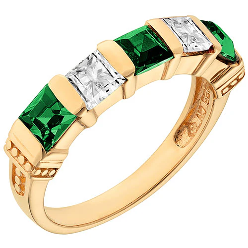 14K Gold Plated Simulated Emerald and Clear Crystal 5 Stone Ring - Image 2