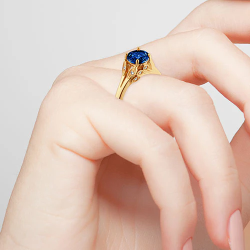 14K Gold Plated Simulated Sapphire with Clear Crystal Leaves Ring - Image 3
