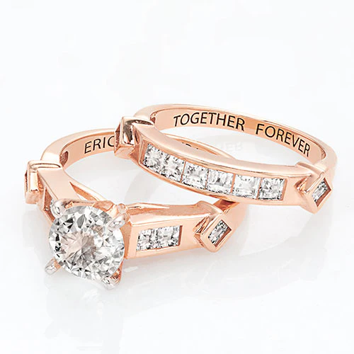14K Rose Gold over Sterling Brilliant White Topaz 2 Piece Engraved Wedding Set - Image 4