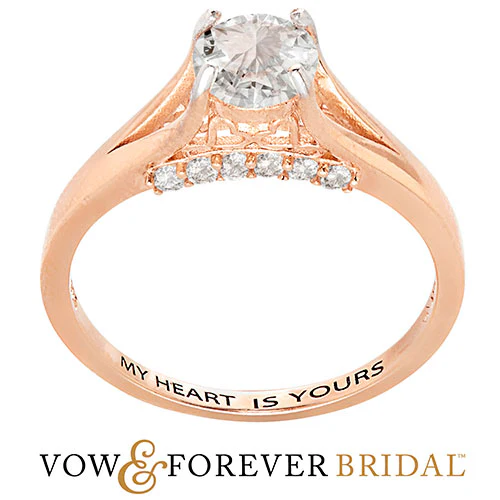 14K Rose Gold over Sterling Brilliant White Topaz Engraved Wedding Ring