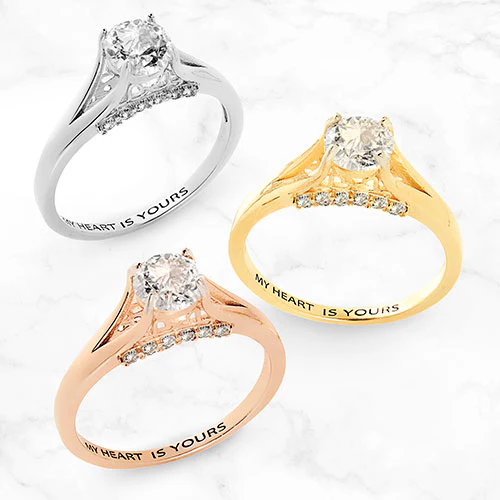 14K Rose Gold over Sterling Brilliant White Topaz Engraved Wedding Ring - Image 4