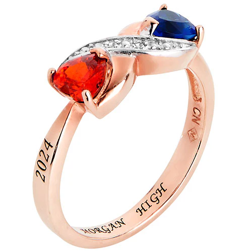 14K Rose Gold over Sterling Double Birthstone Heart Infinity Diamond Accent Class Ring - Image 2