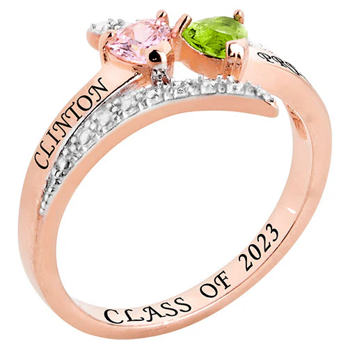 14K Rose Gold over Sterling Double Heart Birthstone Bypass Diamond Accent Class Ring - Image 2