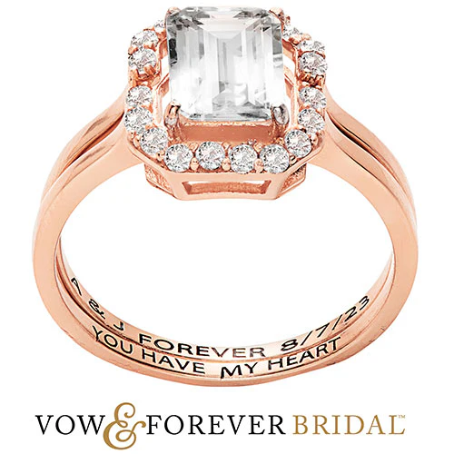 14K Rose Gold over Sterling Emerald Cut White Topaz 2 Piece Engraved Wedding Set