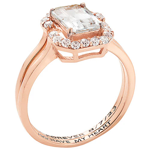 14K Rose Gold over Sterling Emerald Cut White Topaz 2 Piece Engraved Wedding Set - Image 2