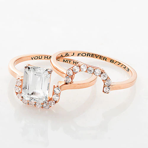 14K Rose Gold over Sterling Emerald Cut White Topaz 2 Piece Engraved Wedding Set - Image 4