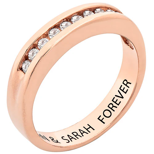 14K Rose Gold over Sterling Engraved White Topaz Wedding Band