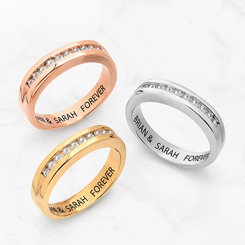 14K Rose Gold over Sterling Engraved White Topaz Wedding Band - Image 4