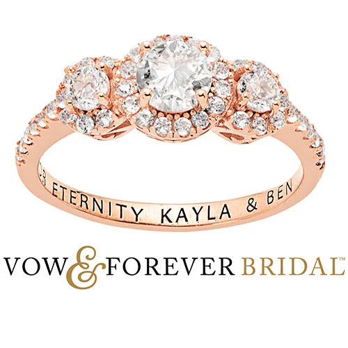 14K Rose Gold over Sterling Halo 3-Stone White Topaz Engraved Engagement Ring