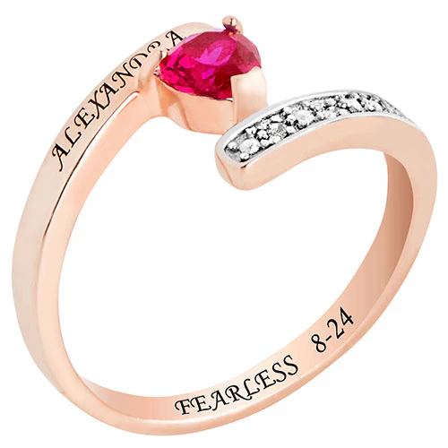 14K Rose Gold over Sterling Heart Birthstone Bypass Diamond Accent Class Ring - Image 2